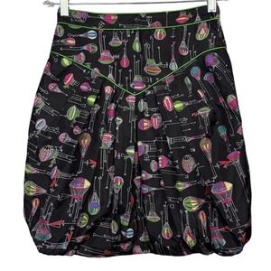 ANA SUI Anthropologie 100% Silk Bubble Skirt Air Balloon Pattern Black Size 2